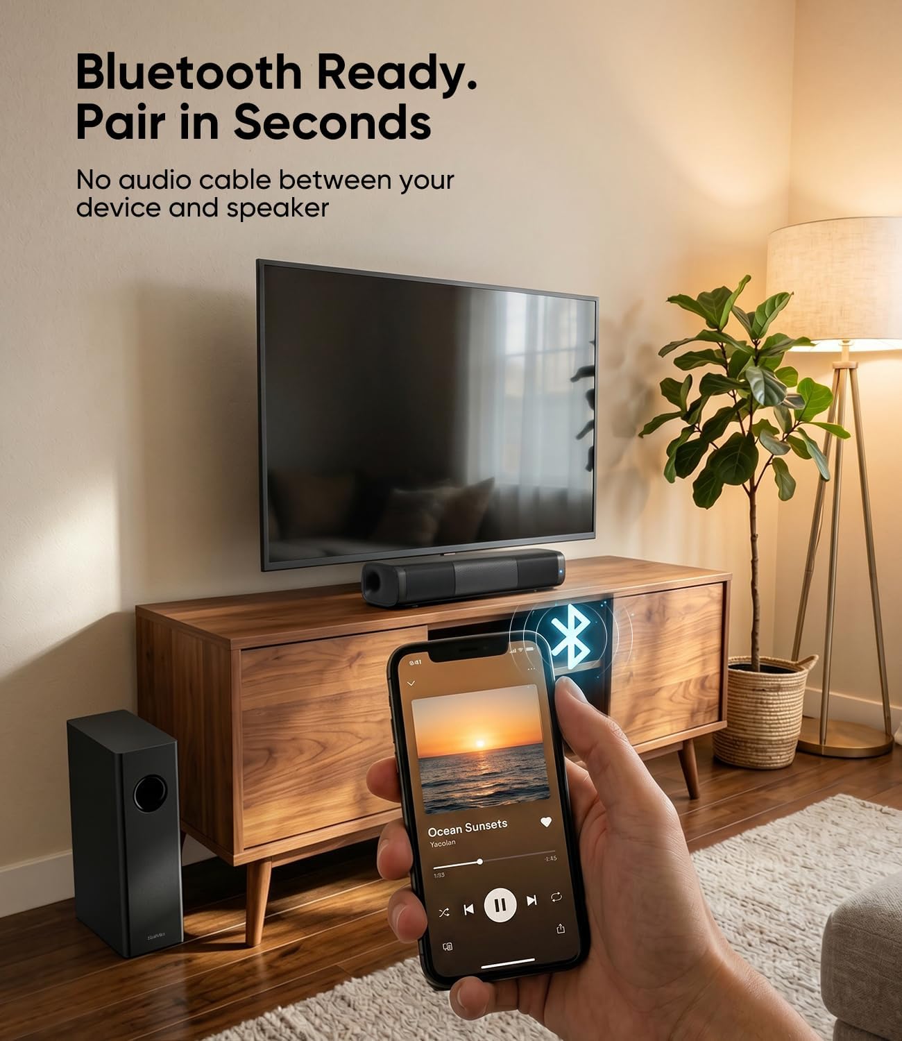 11.7" Sound Bar with Subwoofer, Deep Bass, Bluetooth/AUX/Optical | 5.25" Subwoofer, 88w Peak Power, Surround Sound