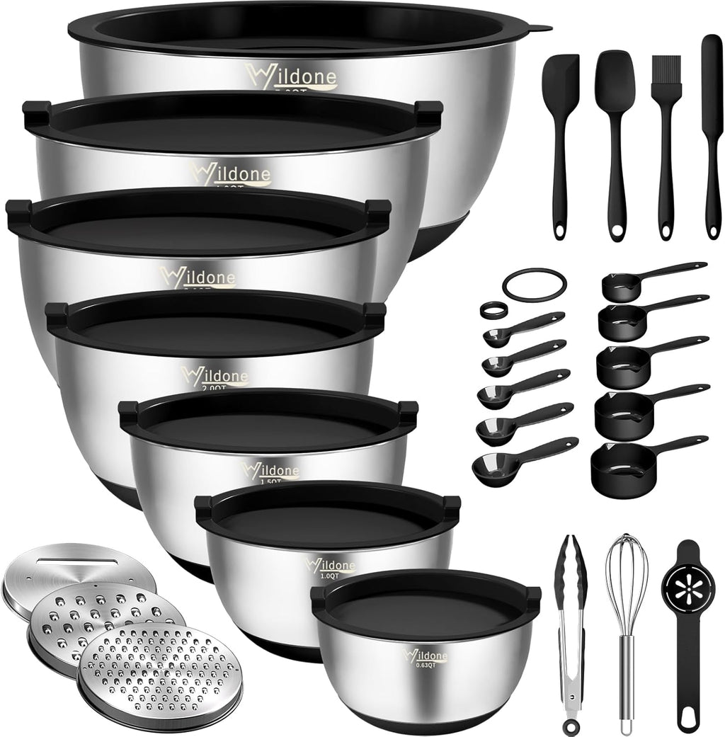 Mixing Bowls with Airtight Lids, 27 PCS Stainless Steel Nesting Bowls, with 3 Grater Attachments, Scale Mark &