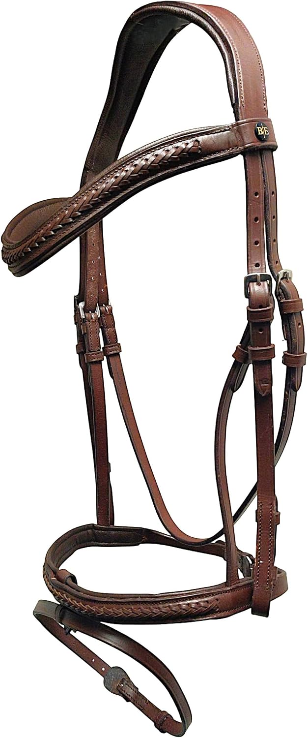 Braided Havana Brown Leather Bridle with Removable Flash – Padded Browband & Noseband – Horse Riding Bridle for