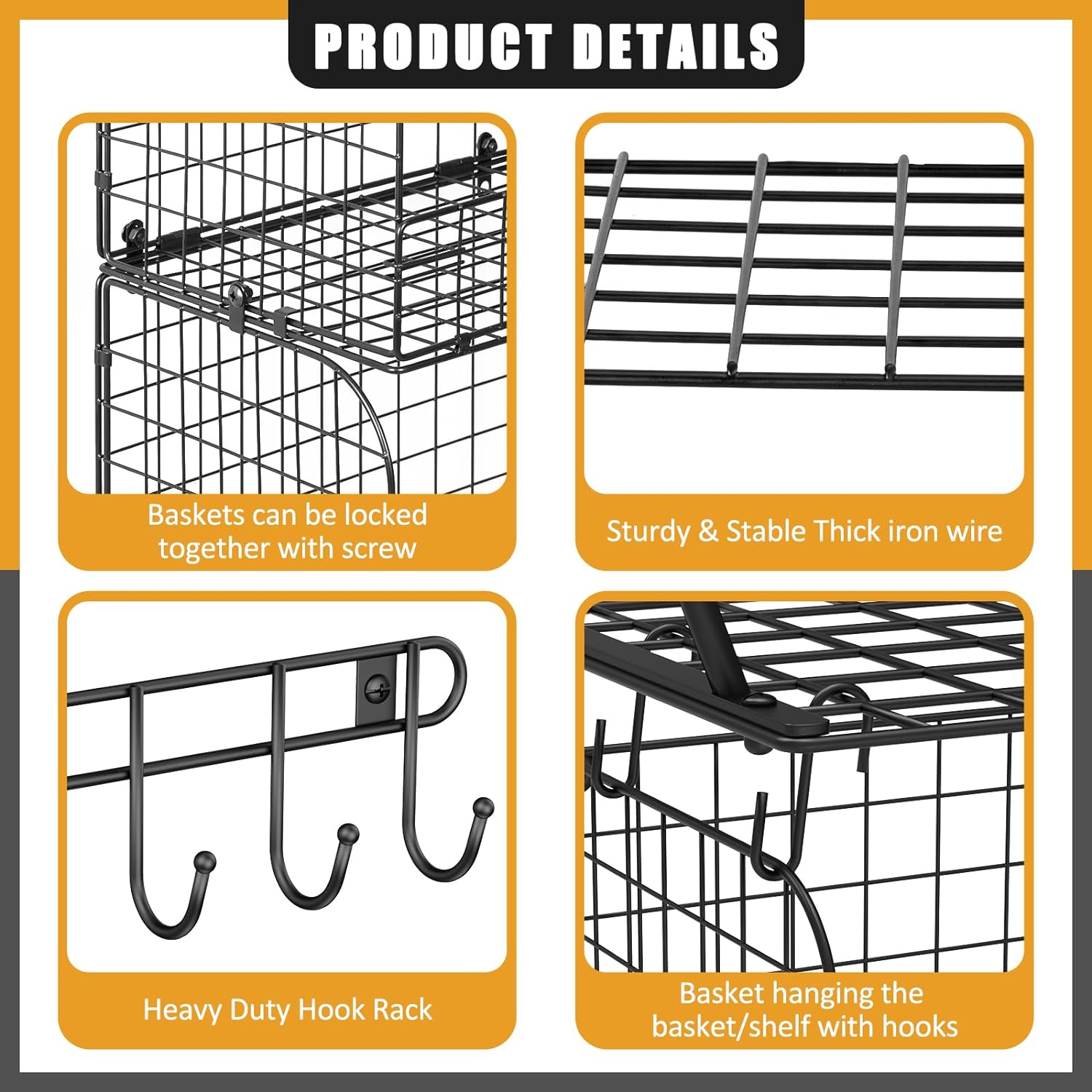 2 Pack Garage Shelves Wall Mounted with Wire Baskets, Heavy Duty Garage Wall Shelving with Hooks, Wire Shelf Baskets