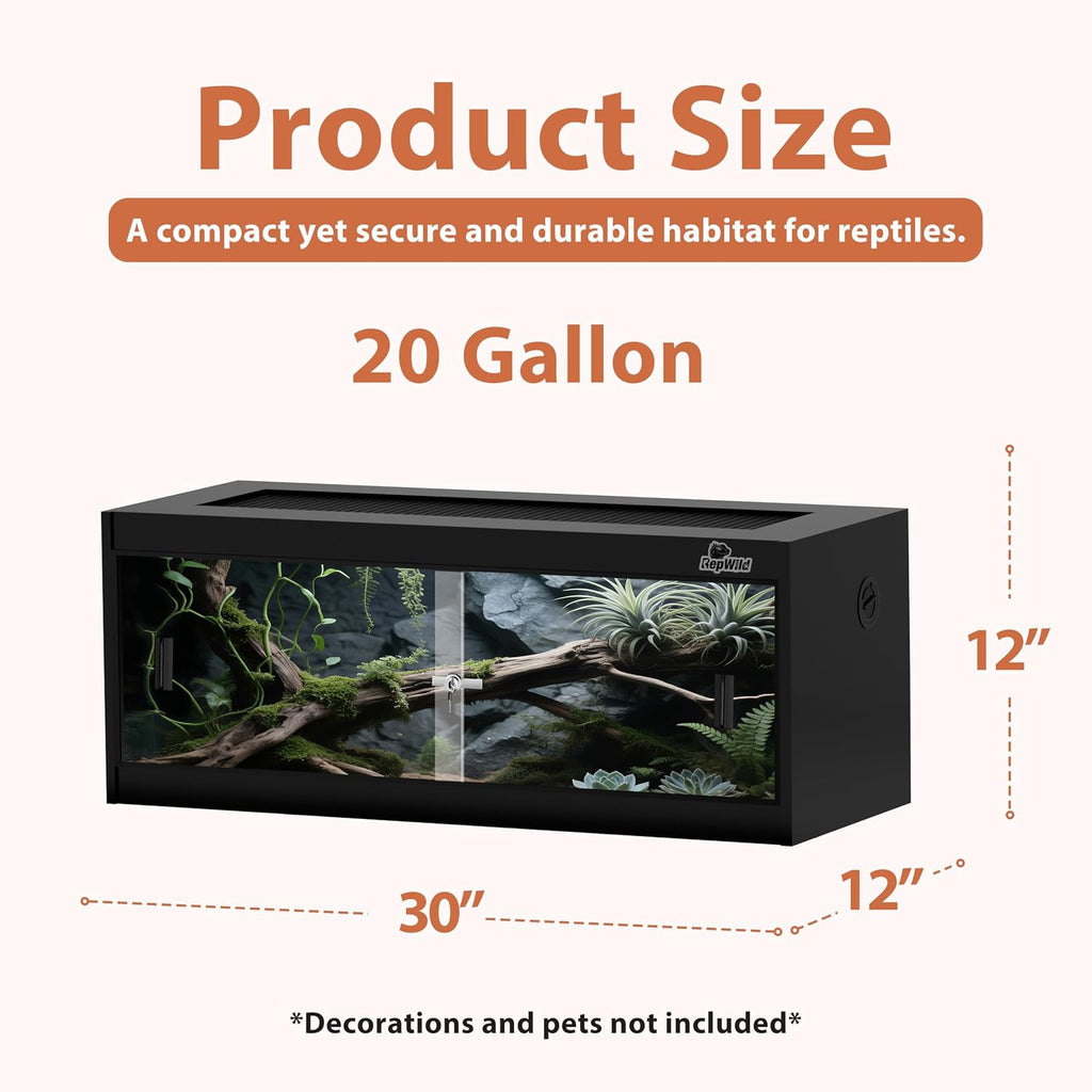 20 Gallon PVC Reptile Enclosure, RepWild 30"x12"x12" Terrarium/Tank with Heavy-Duty Screen Top, Glass Sliding Doors &