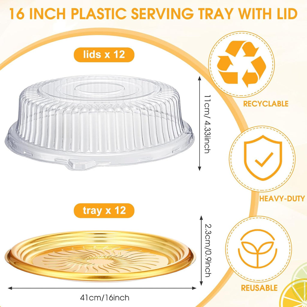 12 Pack Plastic Catering Trays with Lids, 16 Inch Round Gold
