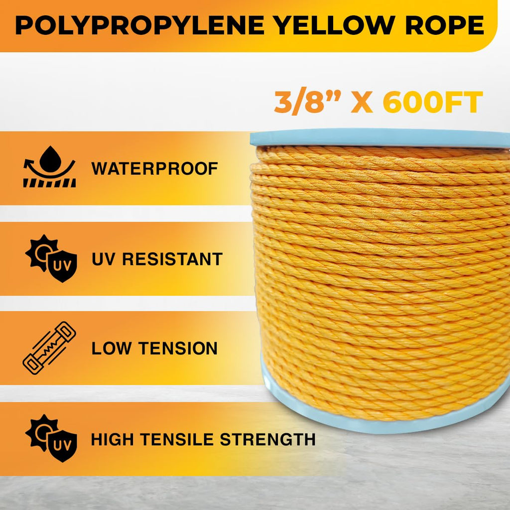 Heavy Duty PP/Polyester/Nylon Rope on Spool, Yellow, 3/8inX600FT