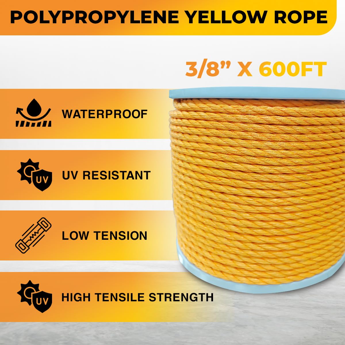 Heavy Duty PP/Polyester/Nylon Rope on Spool, Yellow, 3/8inX600FT