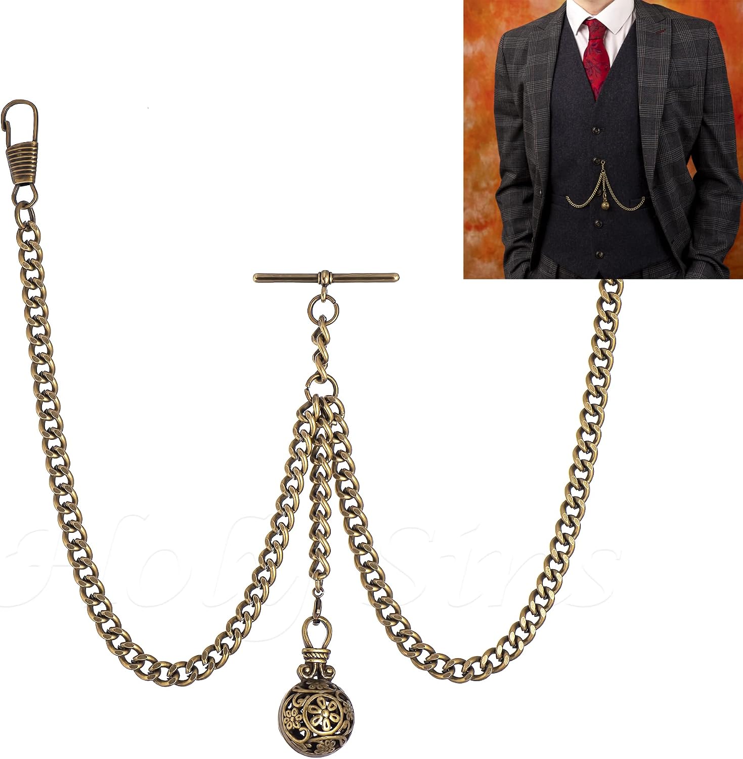 Made in The UK Bronze Colour Double Albert Pocket Watch Chain with Hollow Pendant