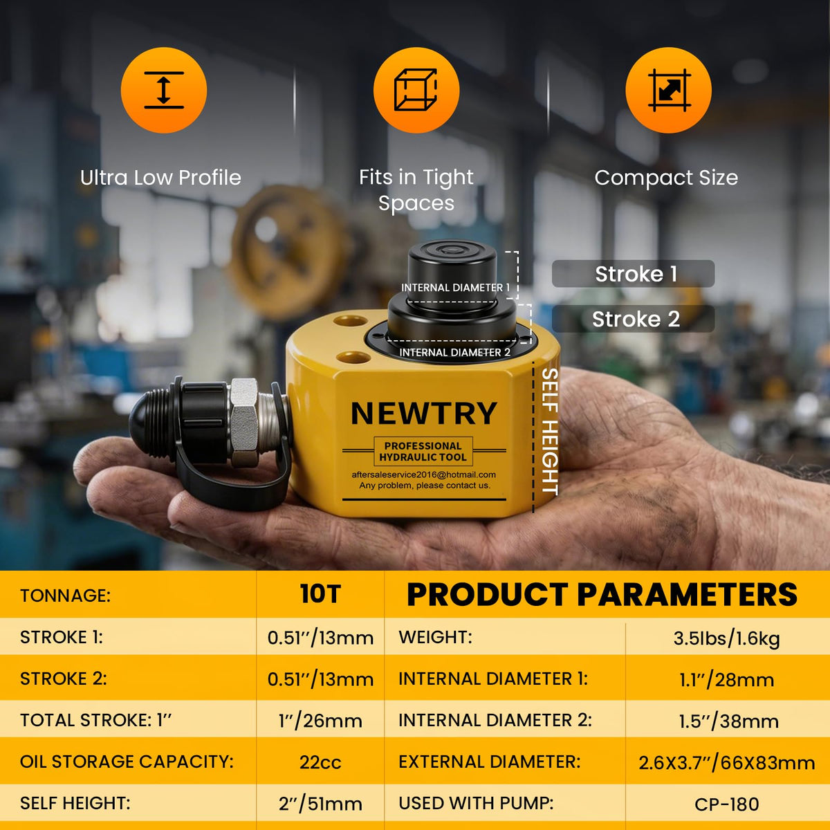 NEWTRY 10T Low Profile Hydraulic Ram Jack, 1" Stroke Multi-Section