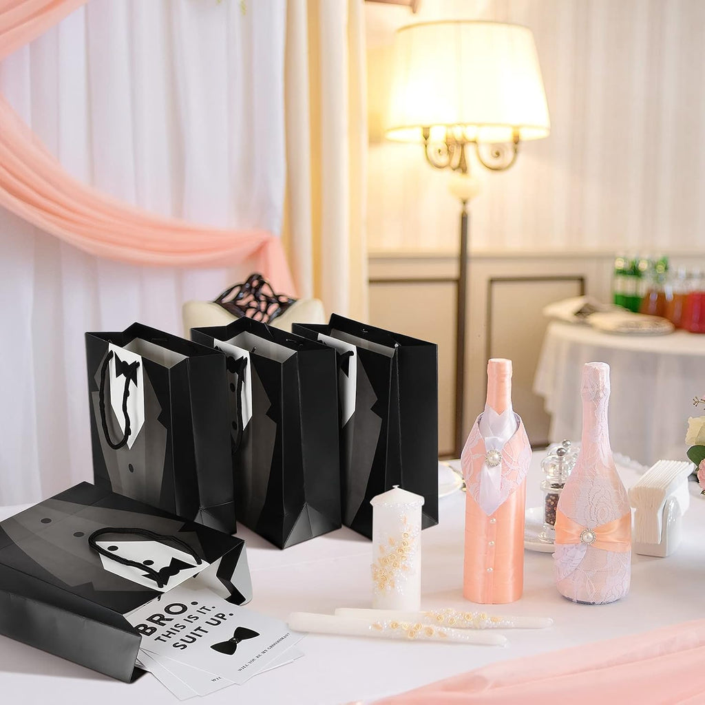 40 Pcs Groomsmen Gift Set, 10 Groomsmen Gift Bags with Tuxedo Design, 10 Stainless Steel Poker Bottle Opener, 10
