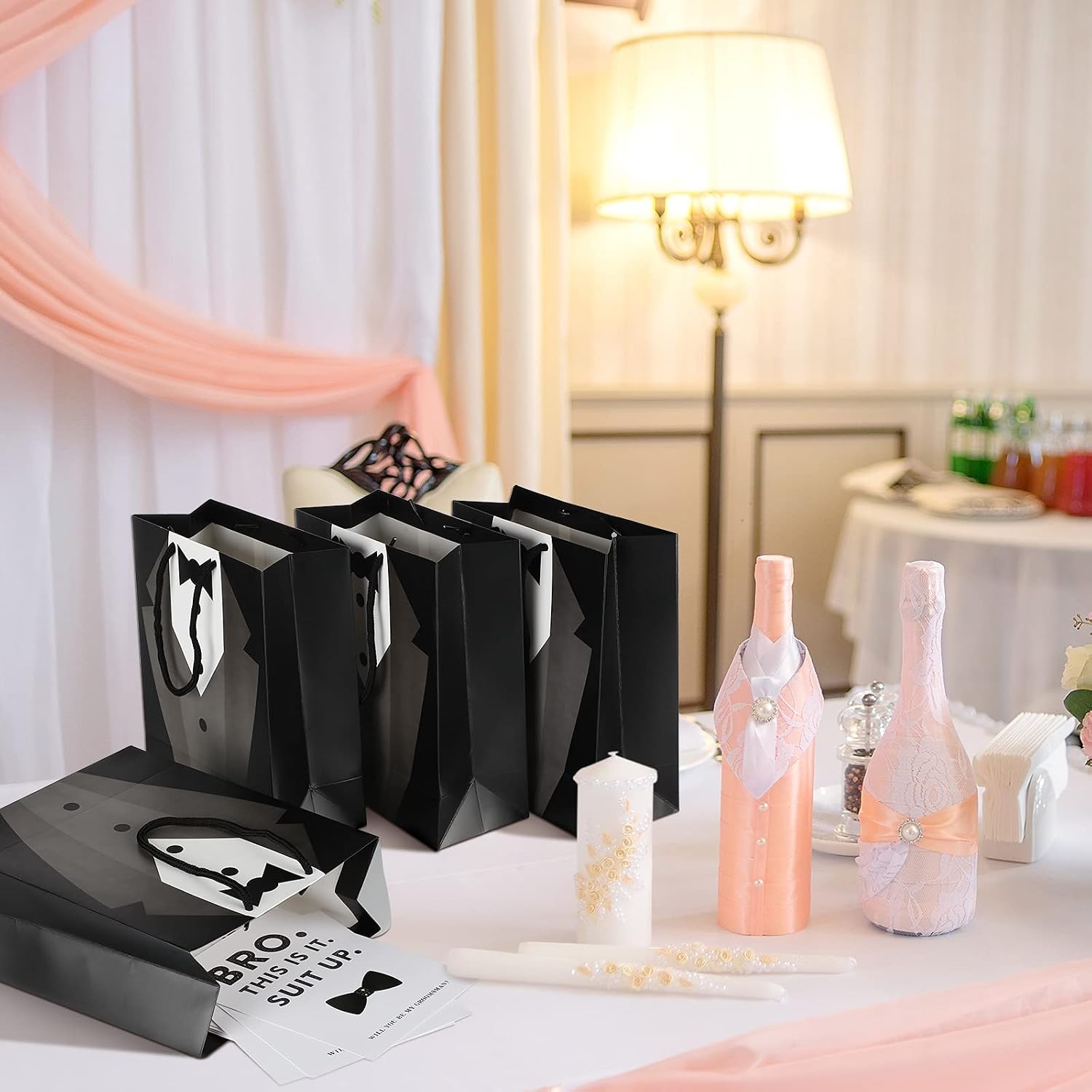 40 Pcs Groomsmen Gift Set, 10 Groomsmen Gift Bags with Tuxedo Design, 10 Stainless Steel Poker Bottle Opener, 10