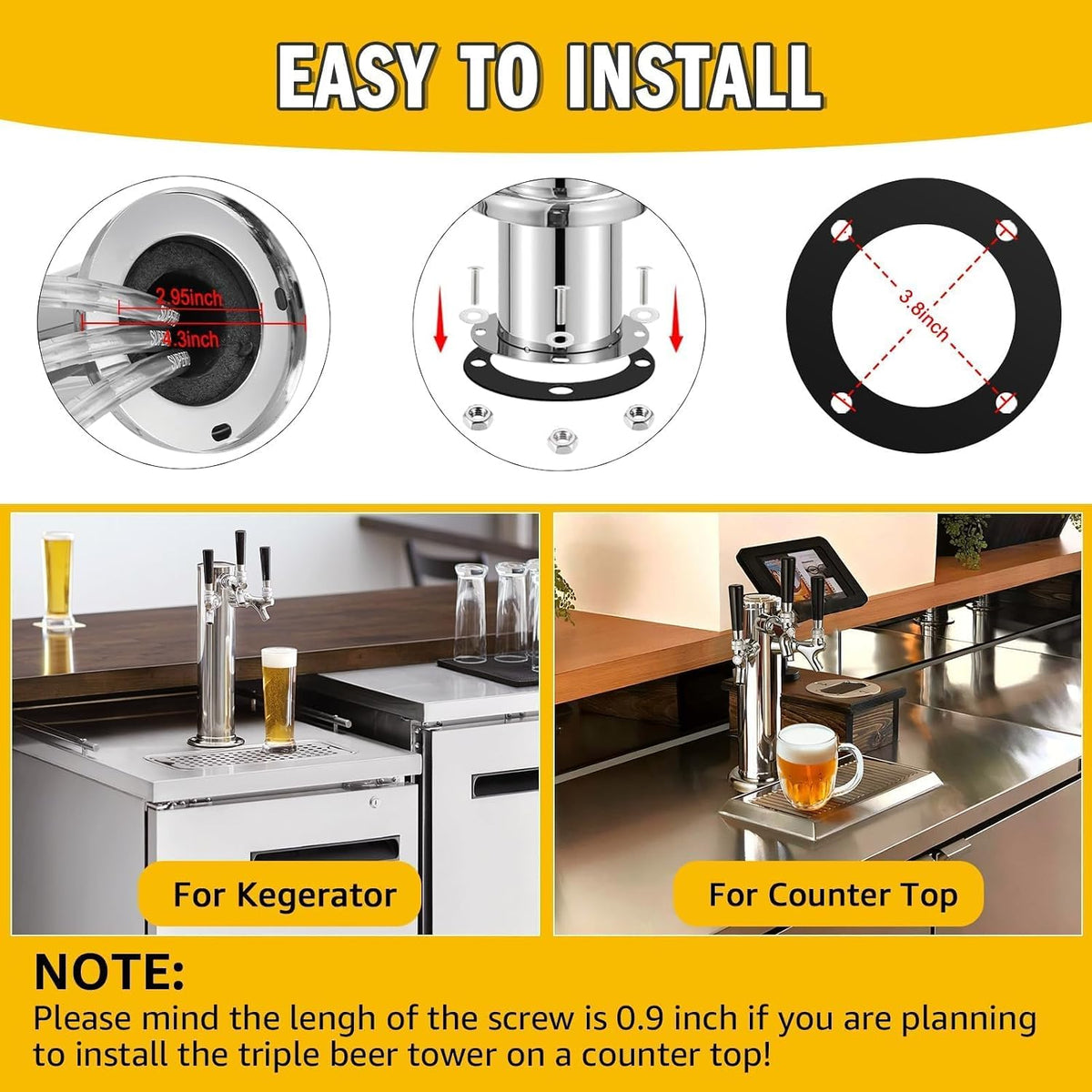3 Tap Beer Tower, Self-Closing Draft Beer Tap Tower Dispenser Kit