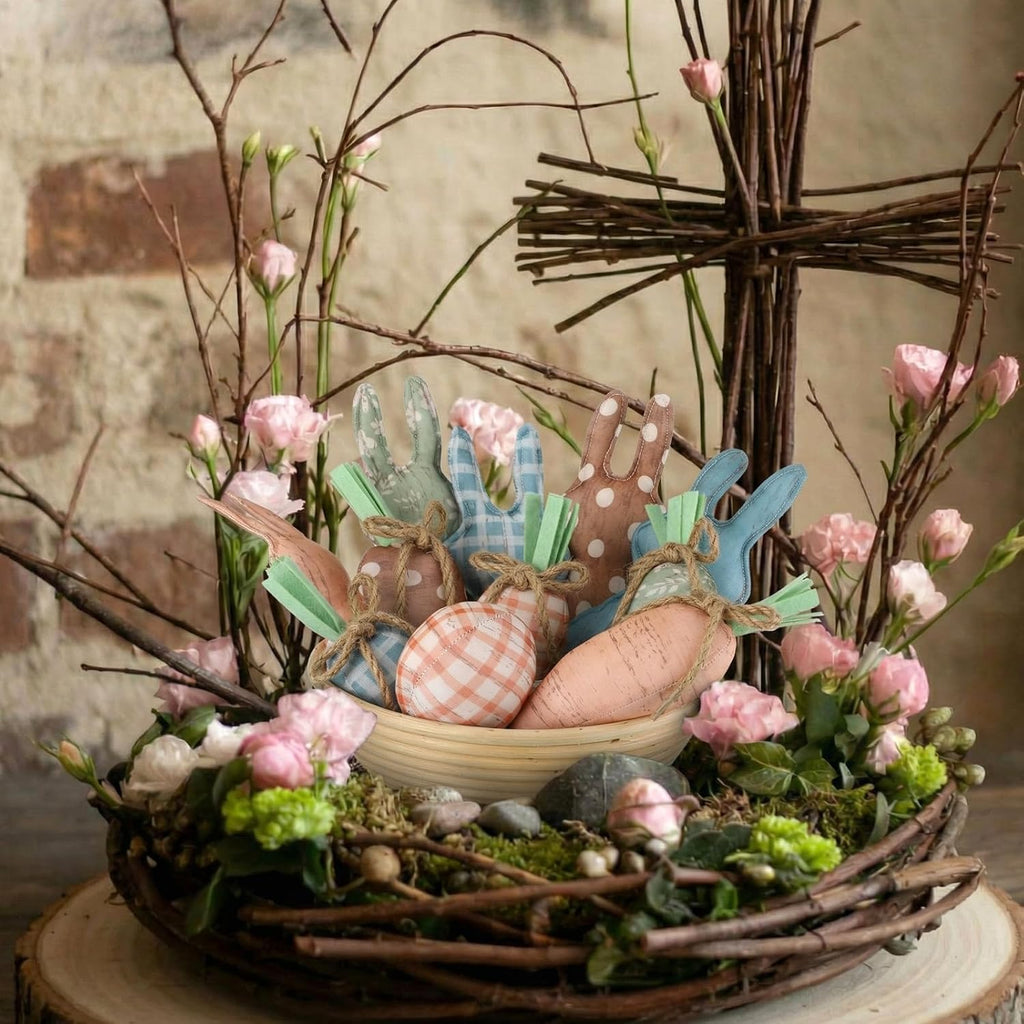 18 Pcs Rustic Easter Bunny Decorations Farmhouse Spring Fabric Bunnies Carrot Eggs Vase Filler Table Decor for Desk