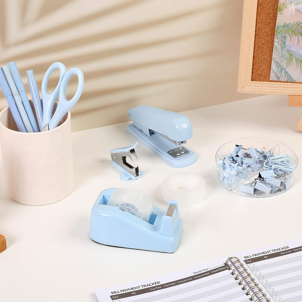 Blue Office Desk Accessories, Stapler and Tape Dispenser Set,10PCS