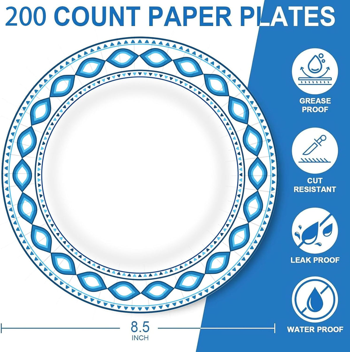 200 Pack 8.5 Inch Disposable Heavy Duty Blue Printed Paper Plate