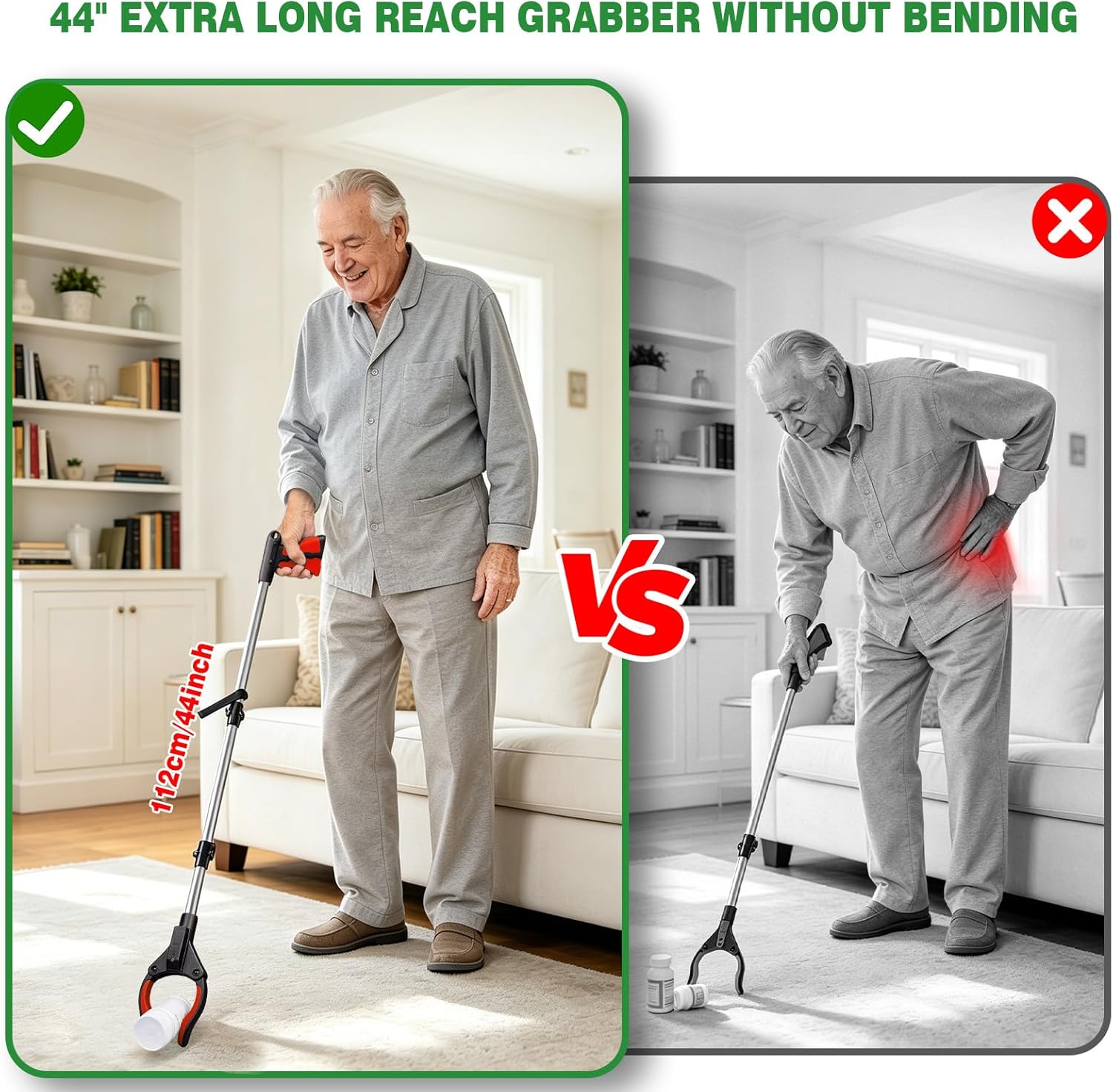 2-Pack Grabber Reacher Tool, 44" Extra Long Foldable Reacher Grabber Pickup Tool with Light, Heavy Duty Trash Picker