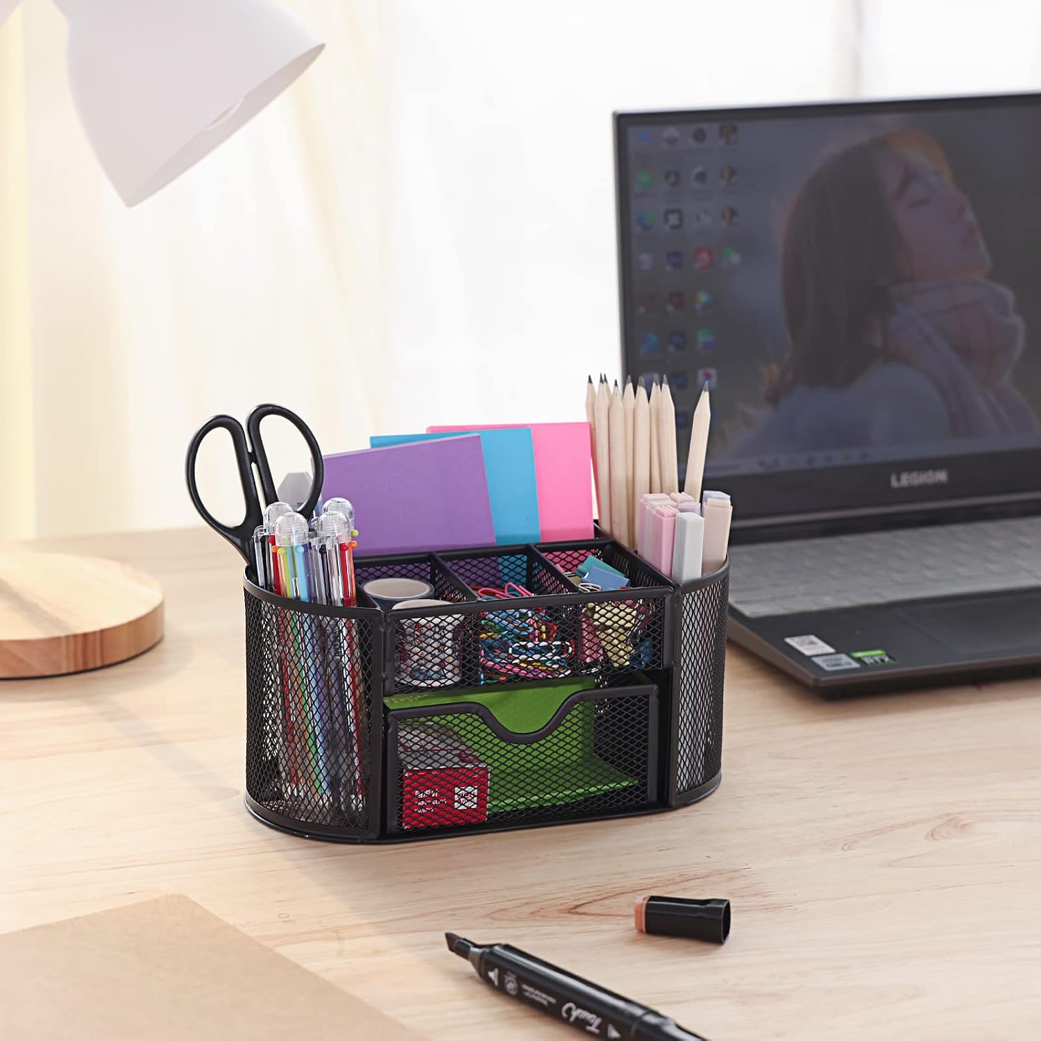 Desk Organizer, Pencil Holder for Desk, Mesh Office Desk Accessories with 8 Compartments and 1 Drawer Stationery