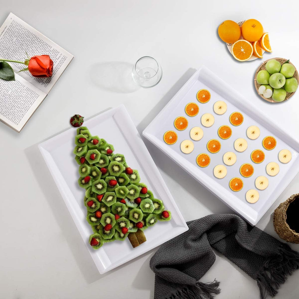 8 Pack White Plastic Serving Tray, 15" x 10" Rectangle Food Trays, Disposable Serving Platter for Parties, Internal