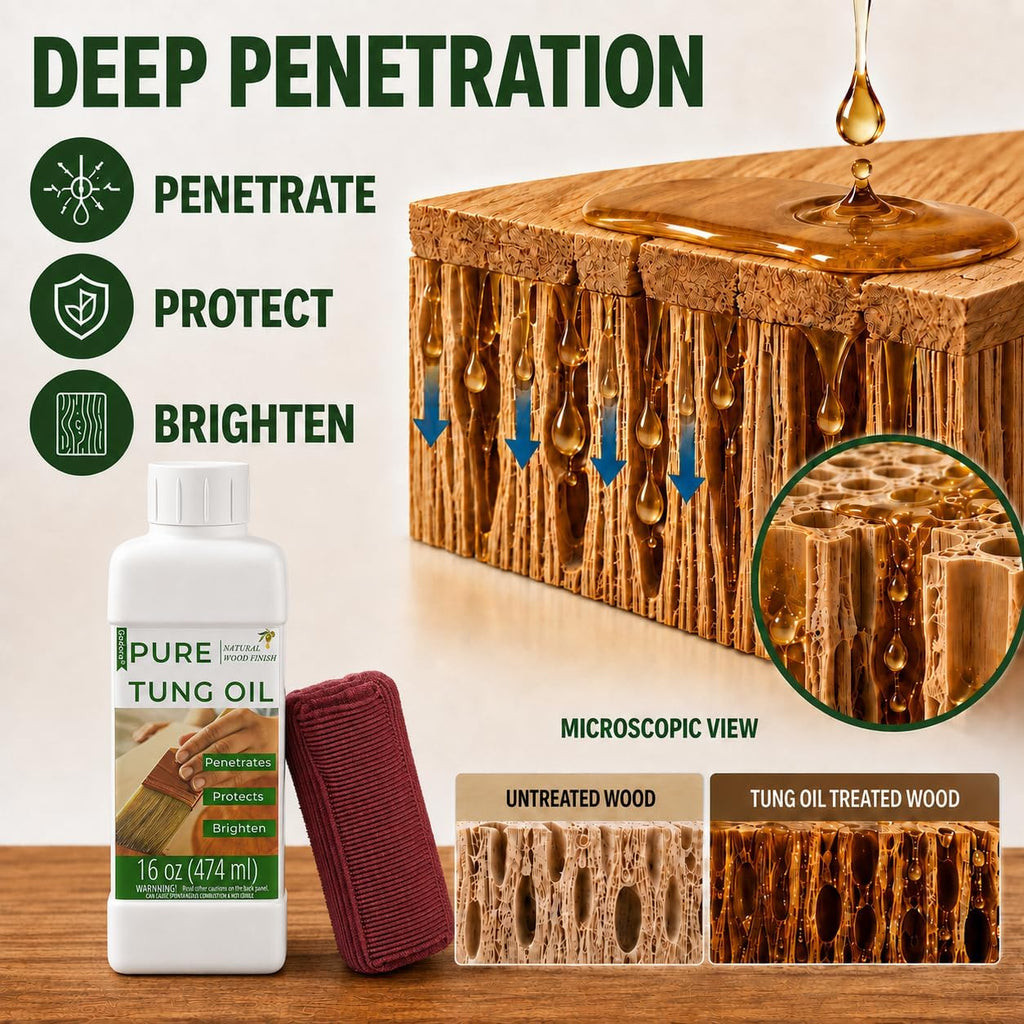 16oz 100% Pure Tung Oil, Food Safe Waterproof Wood Finish with Easy Cloth | Deep-penetrating wood sealer enhances