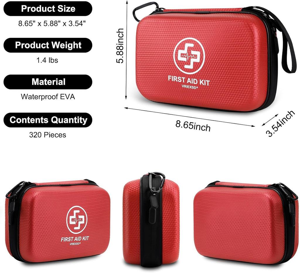 Premium First Aid Kit, 320 Piece Waterproof Hard Shell Eva First Aid Kit for Home, Camping, Cars, Hiking, Travel