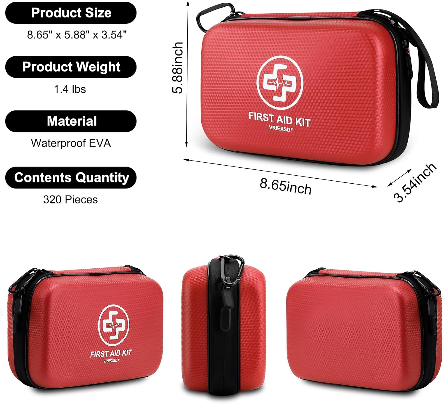 Premium First Aid Kit, 320 Piece Waterproof Hard Shell Eva First Aid Kit for Home, Camping, Cars, Hiking, Travel