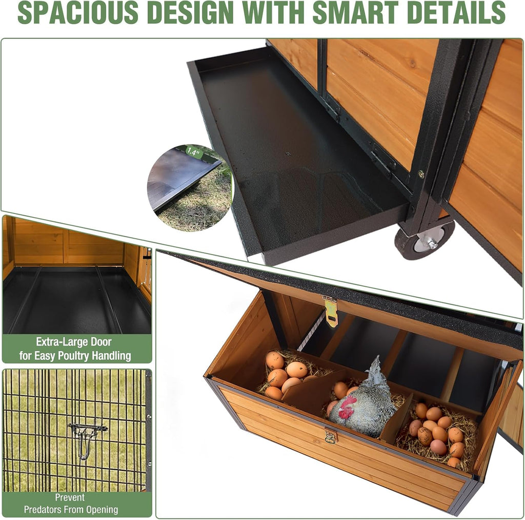Large Chicken Coop with Run, Mobile Chicken Tractor for 6-8 Chickens, Upgraded Metal Frame Hen House with Wheels, 6