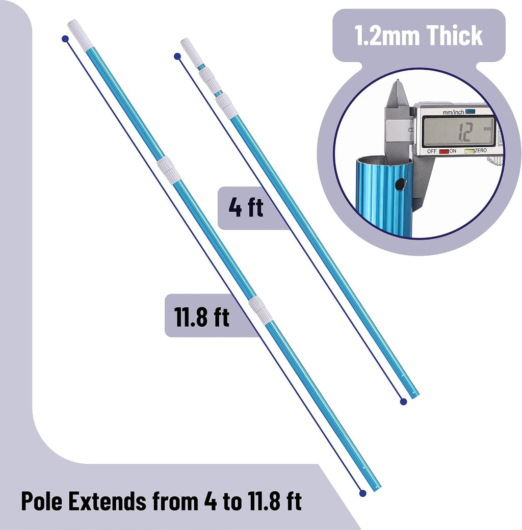 Telescopic Pool Pole, 12Ft, Adjustable 3Piece Expandable Step-Up, Pool Brush Pole for Cleaning