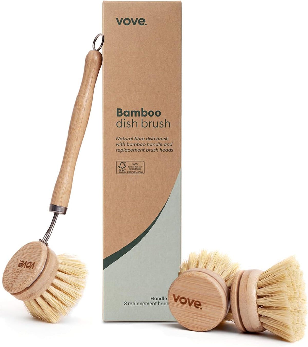 Bamboo Dish Brush with 3 Replacement Heads, Natural Fiber Bristles