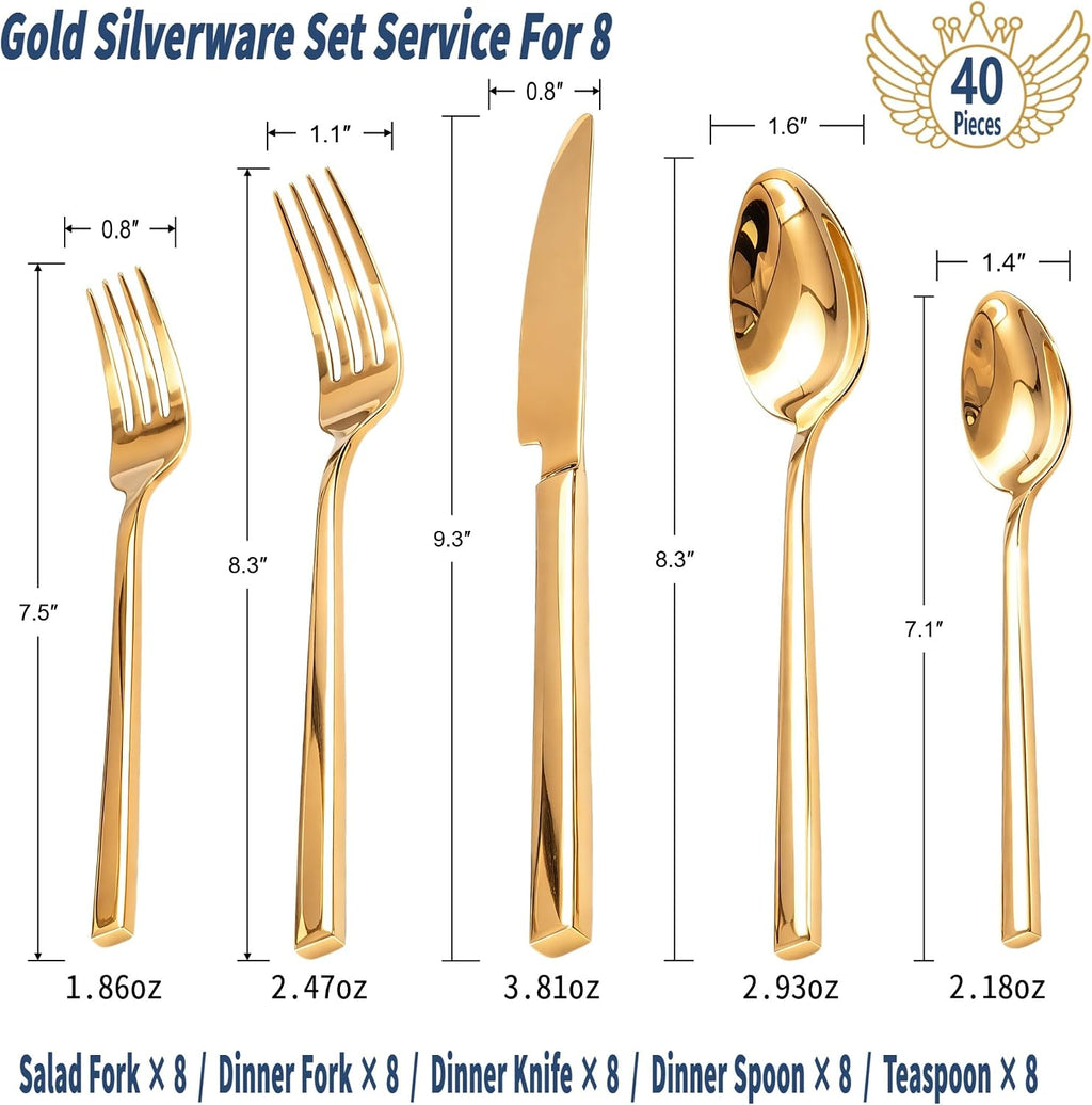 Gold Silverware Set for 8, 40-Piece 18/10 Stainless Steel Flatware