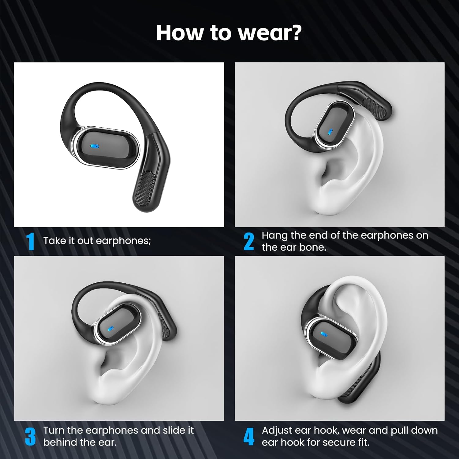 Open Ear Wireless Earbuds Bluetooth Headphones, 80H Playtime Stereo Ear Buds with ENC Noise Cancelling, Fast