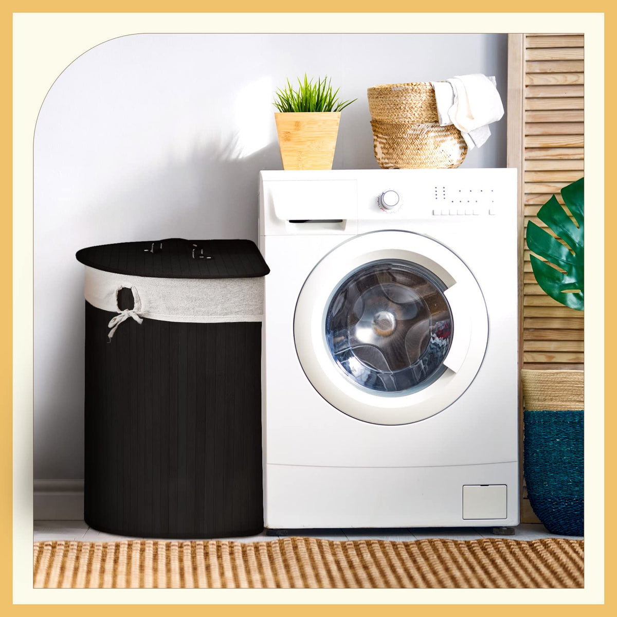 Corner Bamboo Laundry Hamper with Lid, Black, Vertical Slatted