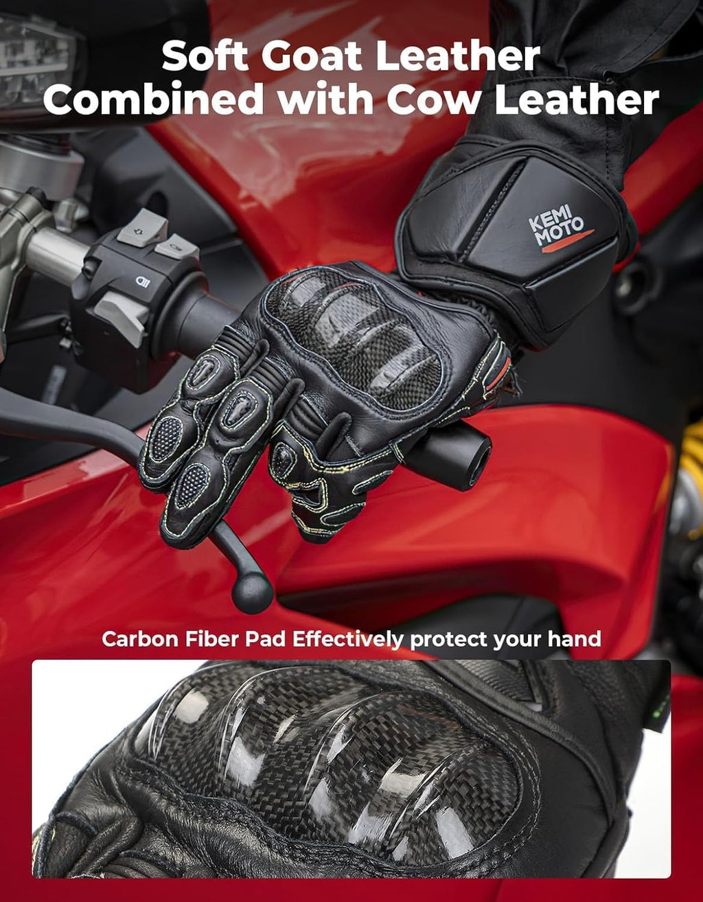 Leather Motorcycle Gloves for Men and Women, CE-Certified，Riding Racing Gloves with ESA Cushioning Kevlar Carbon