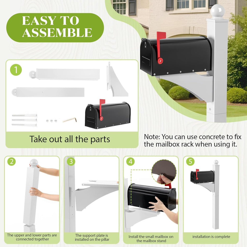 White,Black 1 Set Iron Mailbox Posts with Mailbox for Outside Ground Mounting Post 56 Inch Tall Heavy Duty