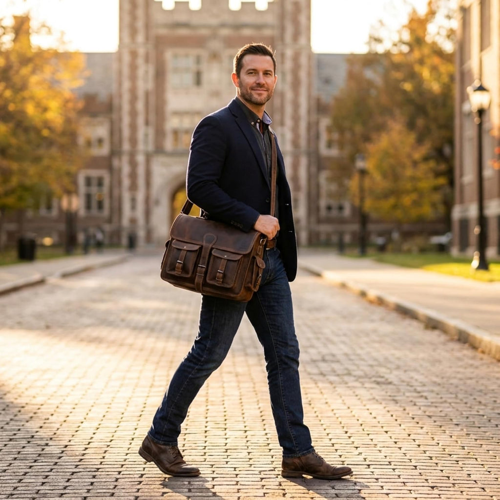 Leather Briefcase Work Bag for Men Women Dark Brown Crossbody Genuine Leather Satchel Office Bag for Men Women 18