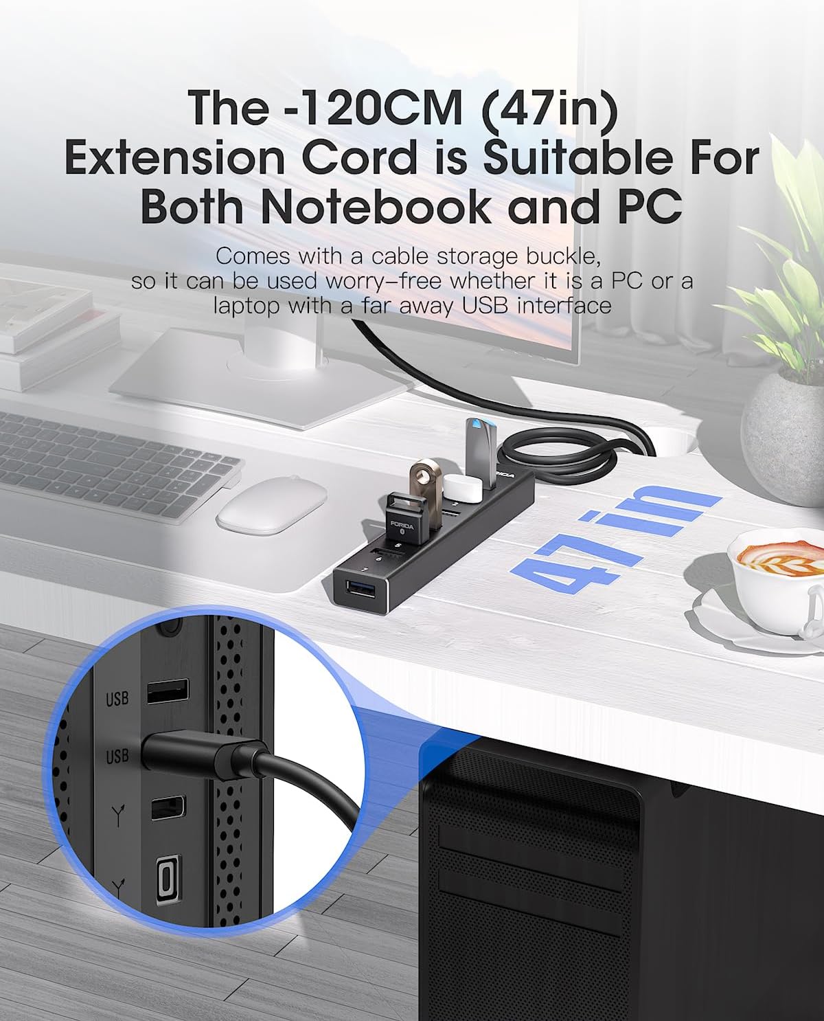 Aluminum Alloy 8 Port USB Hub Long Cable USB Splitter with 7-USB3.0 Data Ports and TypeC 5V/3A Power Port Compatible