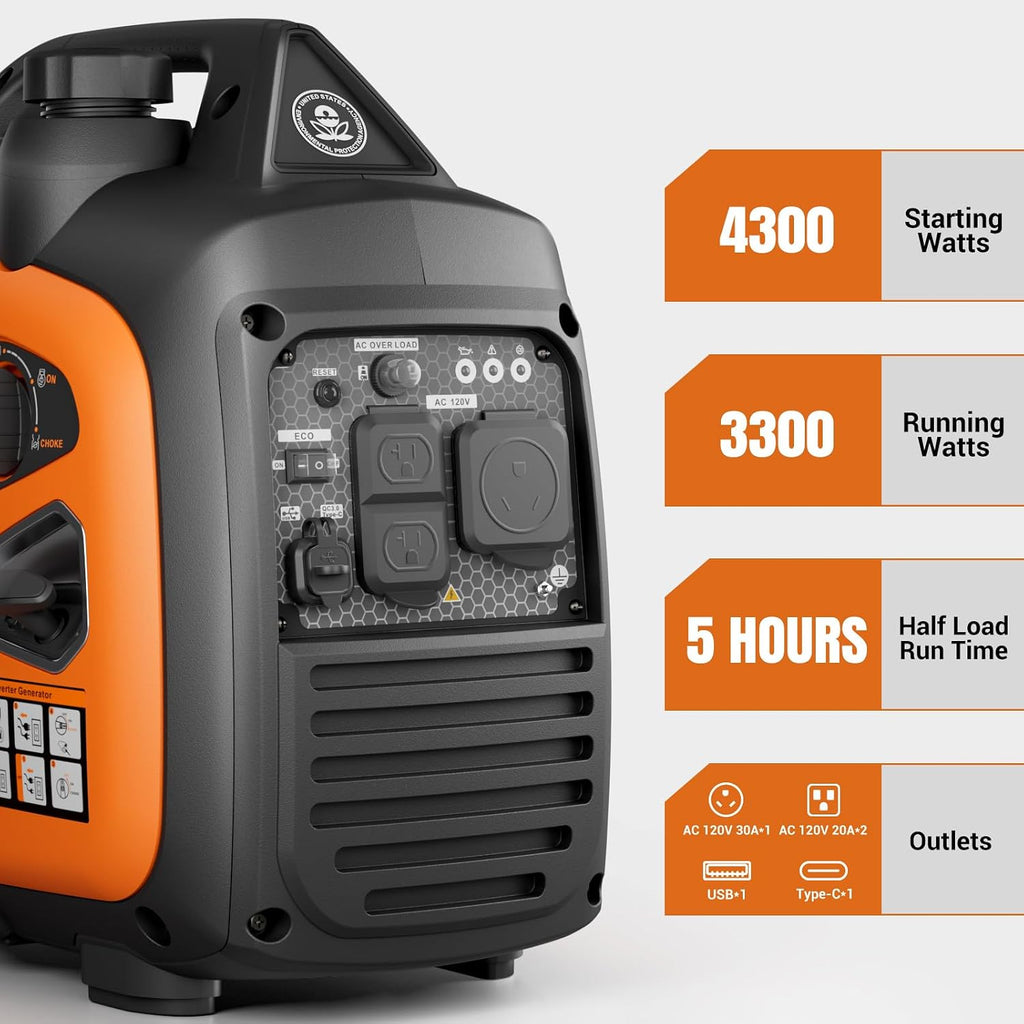 4300 Watts Portable Inverter Generator, Gas Generator for Outdoor Camping, Home Use, 30A RV Ready, 45 Lbs, EPA Compliant