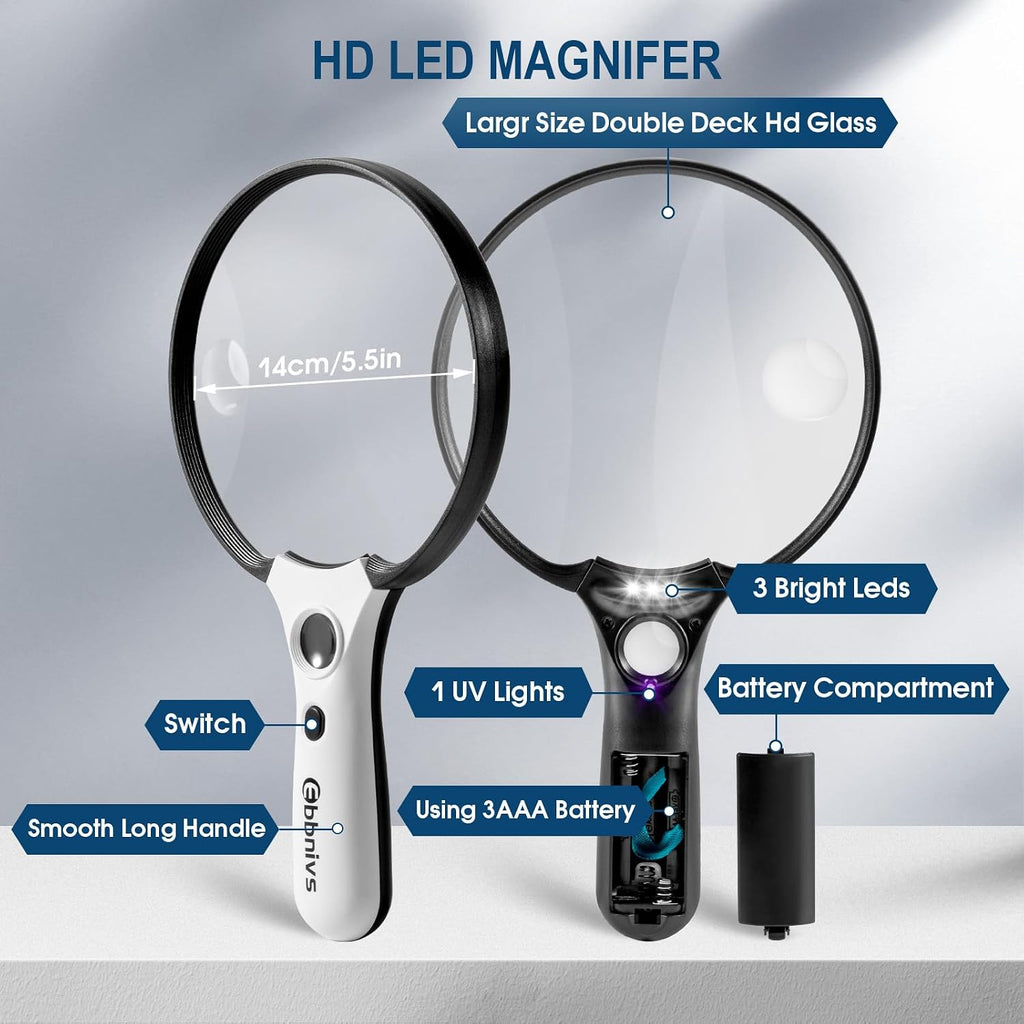 Large Magnifying Glass with Light, Magnifier Handheld Illuminated Lighted Magnifier with 3 LED Lights 1 UV Light