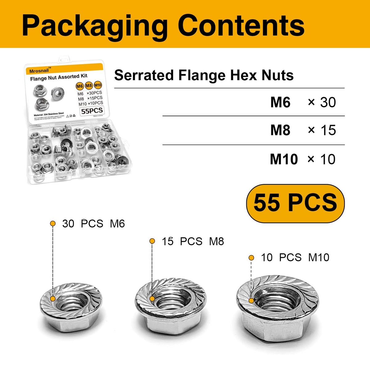 55PCS Serrated Flange Nuts Assortment, M6 M8 M10, 304 Stainless