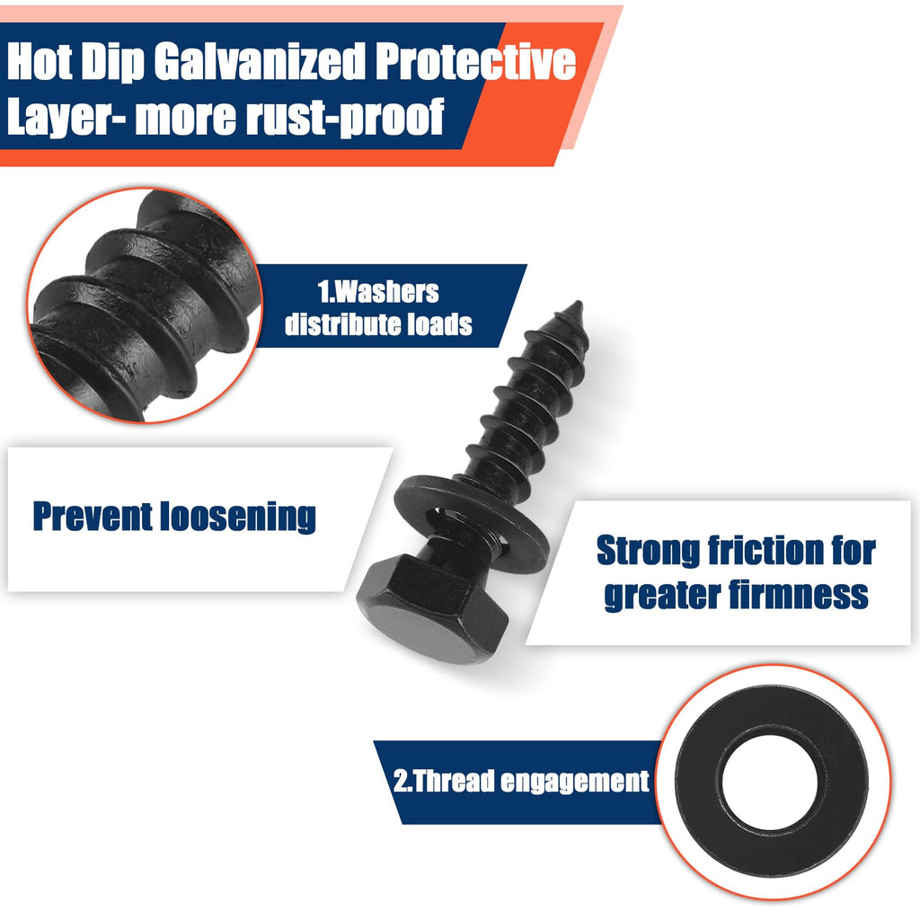 50 Pack 1/2''X 2'' Lag Bolts Screw with Washer Galvanized, Black