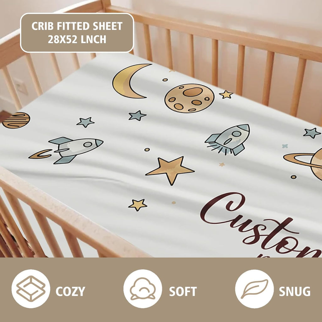 Personalized Baby Crib Bedding Set – Planet Space Theme Nursery Bedding Sets 3 Piece with Custom Name Blanket, Fitted