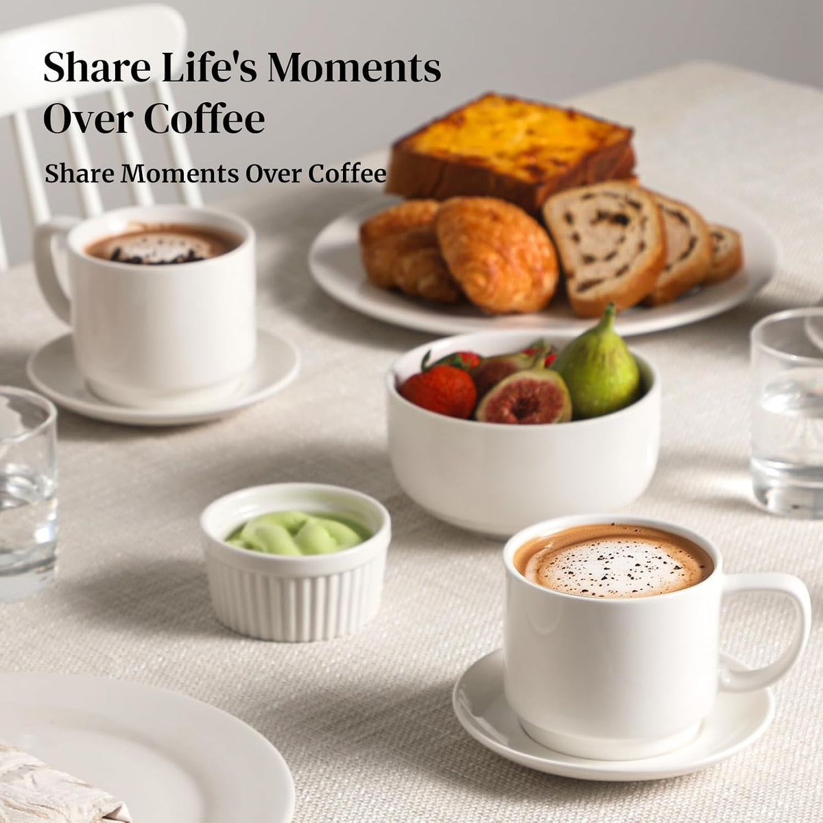 12oz Coffee Mugs, Cappuccino Cup and Saucer Set of 4, White Ceramic Coffee Cups for Latte/Tea/Milk, Tea Cups for Use