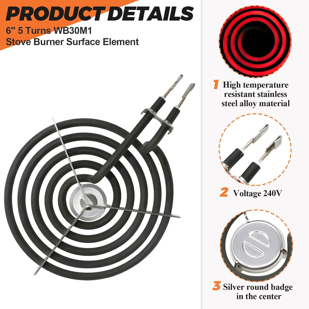 2026 Upgraded WB30M1 6" Electric Stove Burner by Beaquicy - Replacement for GE Hotpoint Kenmore Electric Range Stove - Replaces ERS30M1-5 Turns Stove Burner Coil