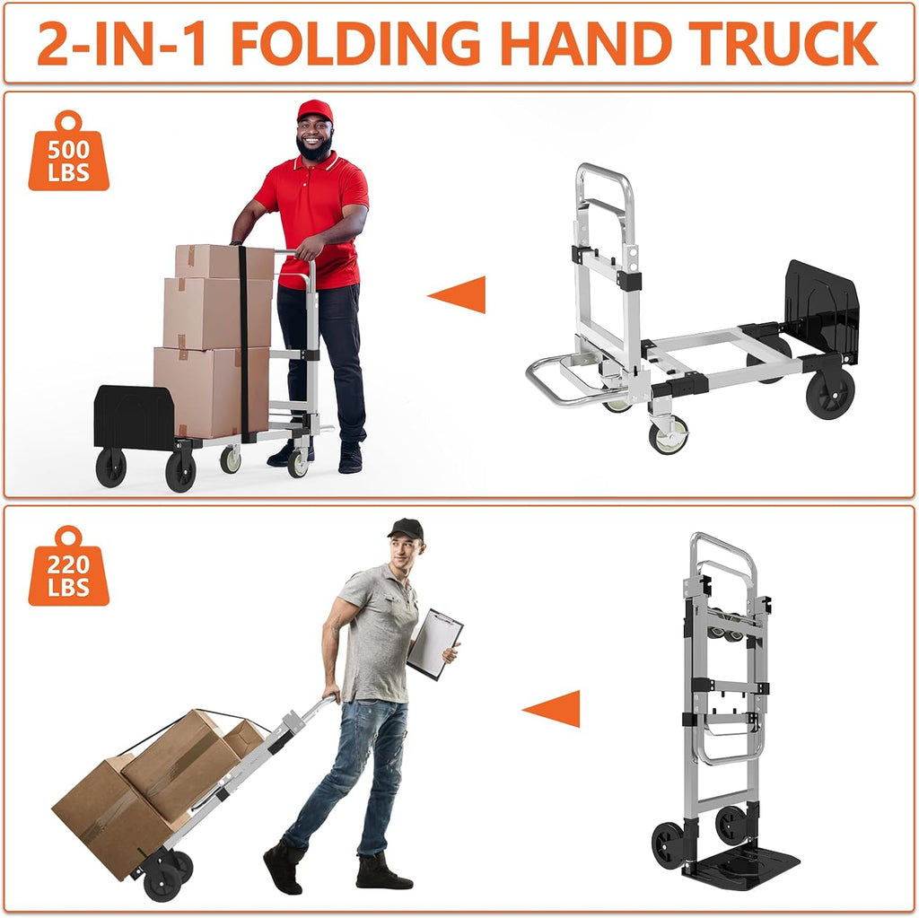 3-in-1 Folding Hand Truck, 500 lb Heavy Duty Steel Dolly | Convertible Hand Truck Dolly with Telescoping Handle