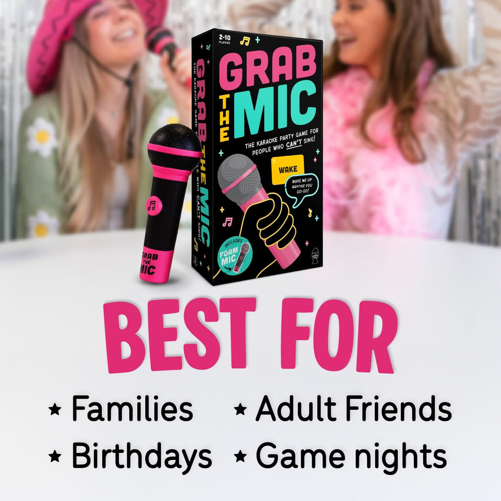 Official Grab The Mic – Family Karaoke Board Game w/Foam Mic, 8+ Ages, 2-10 Players - Games for Bad Singers w/ 230