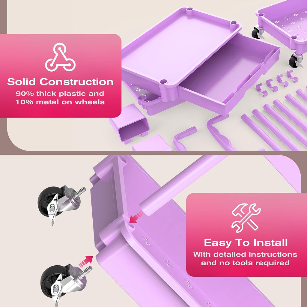 Rolling Makeup Organizer Cart with Removable Drawer, 3 Tier Purple