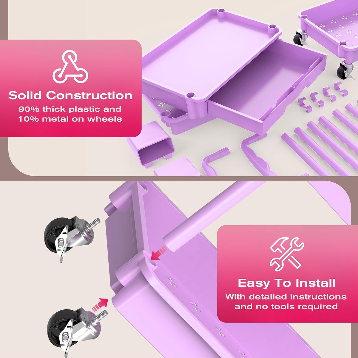 Rolling Makeup Organizer Cart with Removable Drawer, 3 Tier Purple