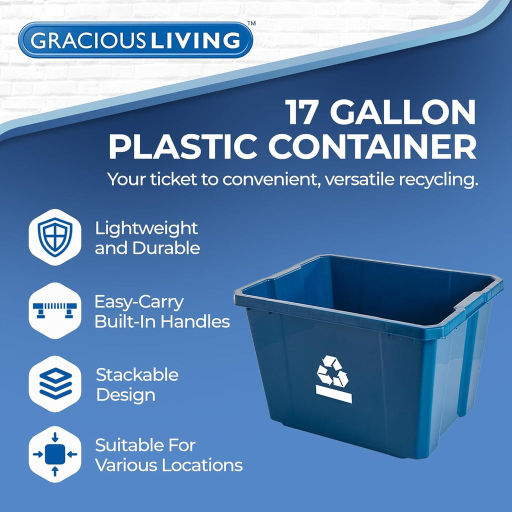 Medium Curbside Blue Box, Plastic 17 Gallon/64 Litre Home Trash Can Refuse and Recycling Bin Container with Built-in