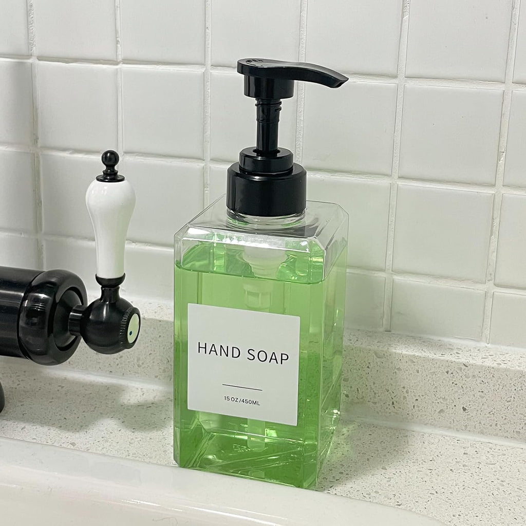 Clear Soap Dispenser with Waterproof Labels, Thickened Plastic Hand Soap Dispenser for Bathroom, Kitchen Dish Washing