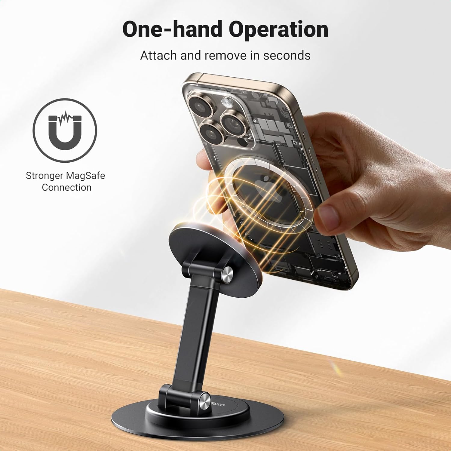 Magnetic Phone Stand for MagSafe, Height Adjustable iPhone Stand for Desk with 360° Rotation Compatible for iPhone 17