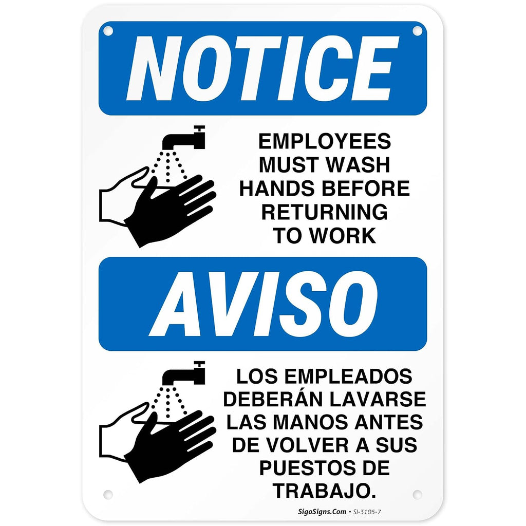 Employees Hand Washing Sign, Bilingual Spanish English