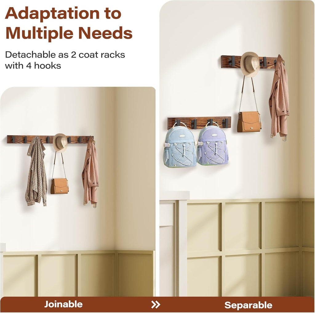 Coat Rack Wall Mount 2 Pack with 8 Pre-Installed Metal Hooks, Rustic Pine Solid Wood Coat Hanger Wall Mount for