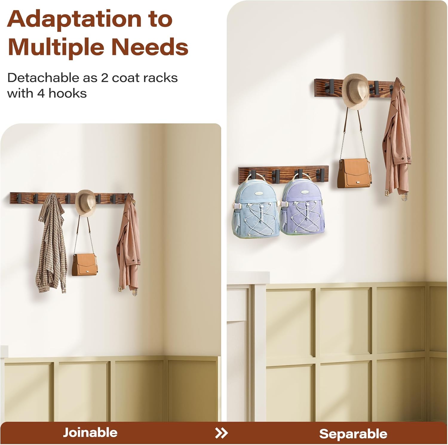 Coat Rack Wall Mount 2 Pack with 8 Pre-Installed Metal Hooks, Rustic Pine Solid Wood Coat Hanger Wall Mount for