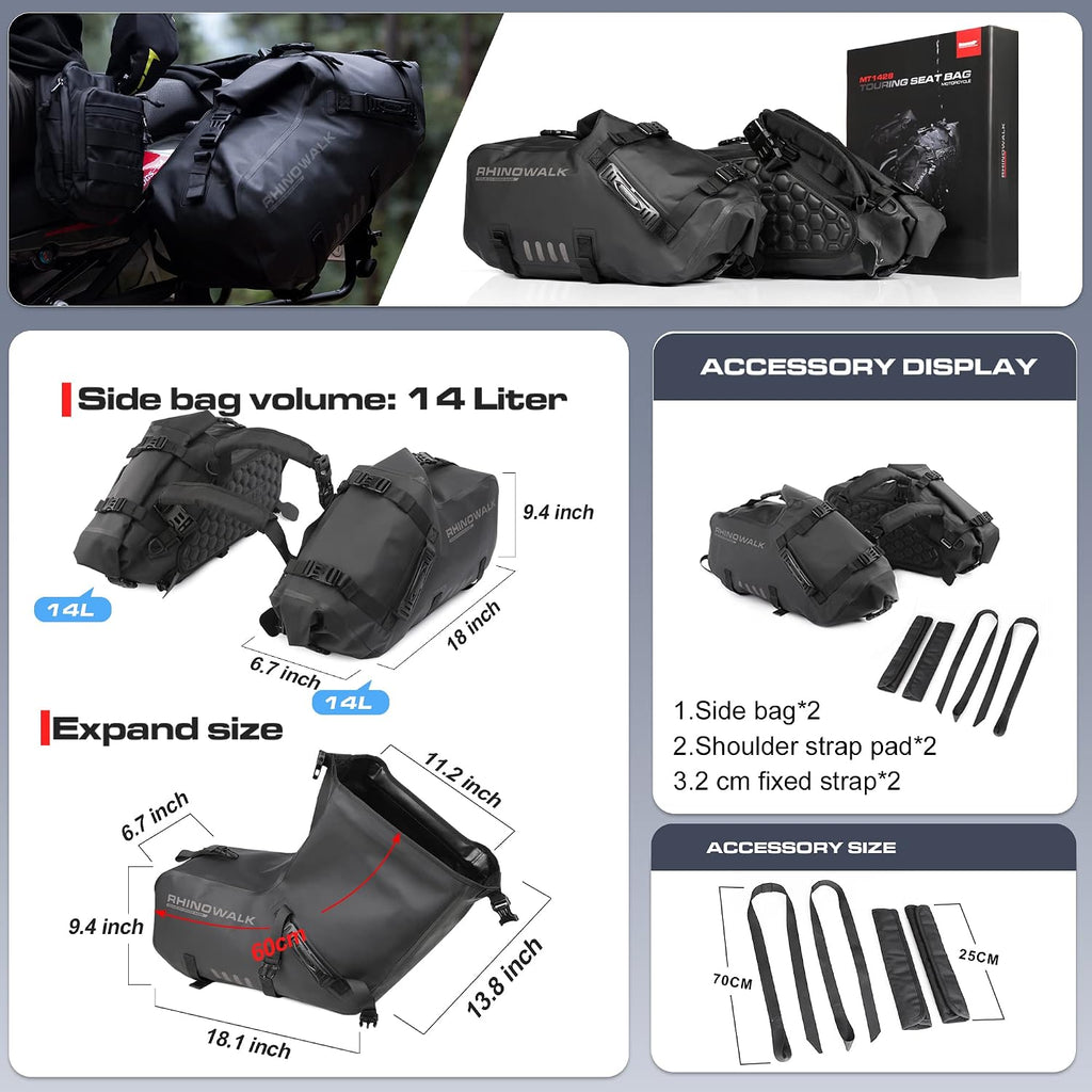 Motorcycle Saddlebags 28L(14L*2) Waterproof Motorbike Side Bags, Travel Luggage Panniers with Shoulder Strap for